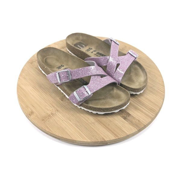 Birkenstock Shoes - Birkenstock Sandals Woman 6 6.5 Cork Purple Sparkle Yao Slip On Adjustable EU 37